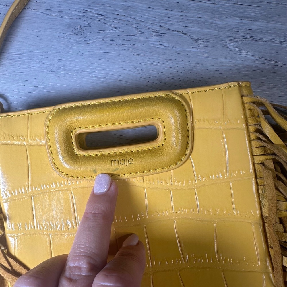 Maje mini embossed leather M bag cross body shoulder handbag yellow purse fringe - Picture 3 of 15